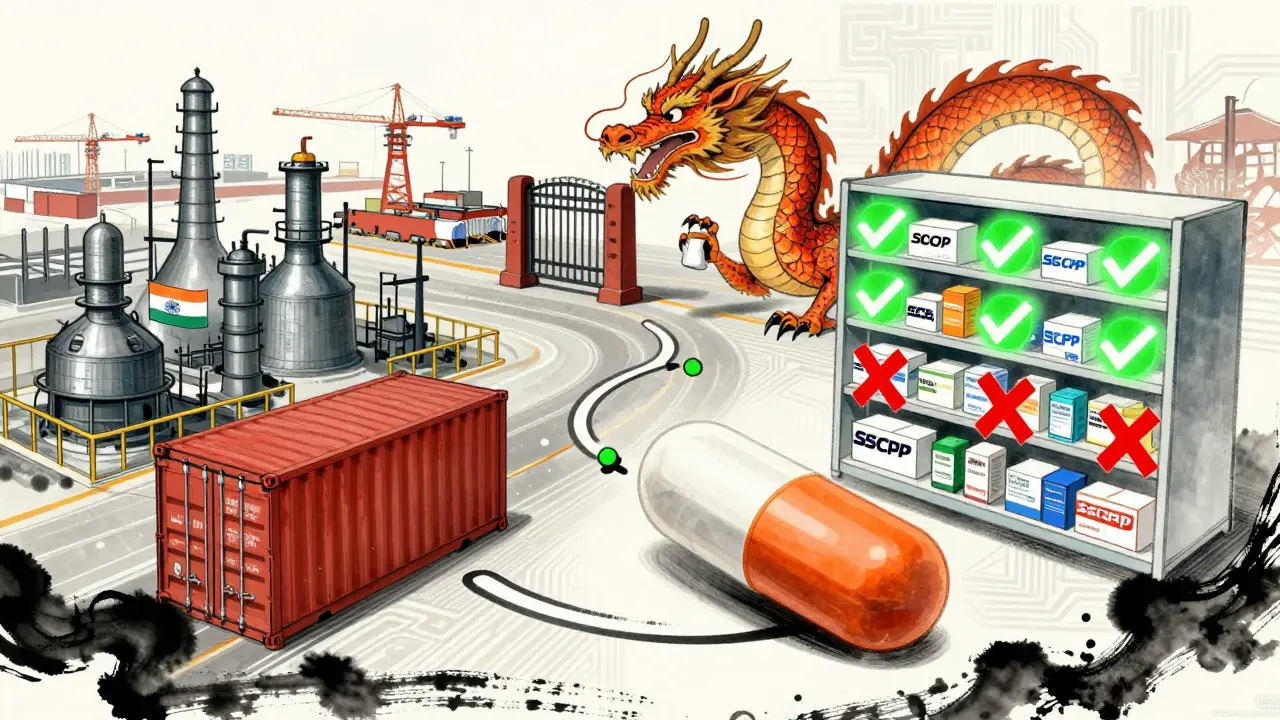 A pill's journey from foreign factory to U.S. pharmacy, marked by green-trusted and red-flagged routes in stylized flow.
