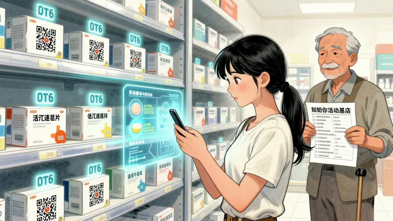 A woman scanning a QR code on an OTC medicine to reveal holographic ingredient details in 2026.