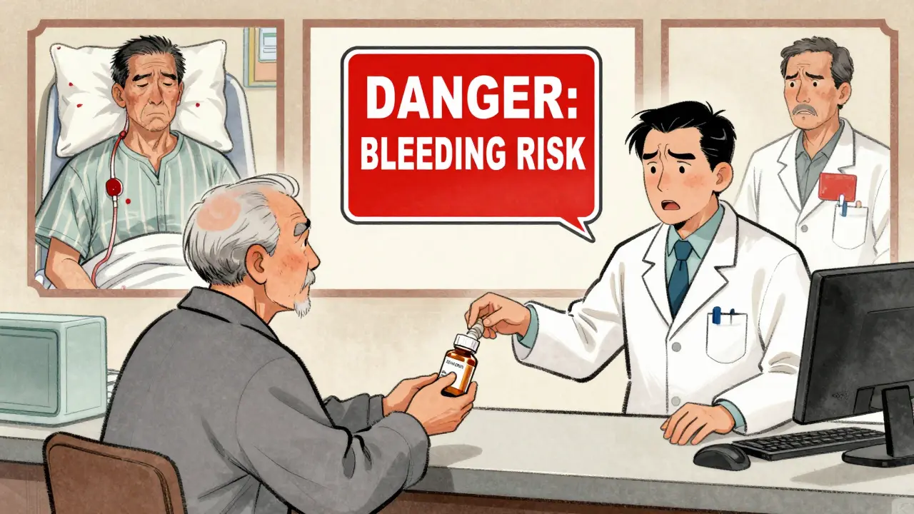 An elderly patient receives ibuprofen at a pharmacy while a giant red danger sign looms above them.