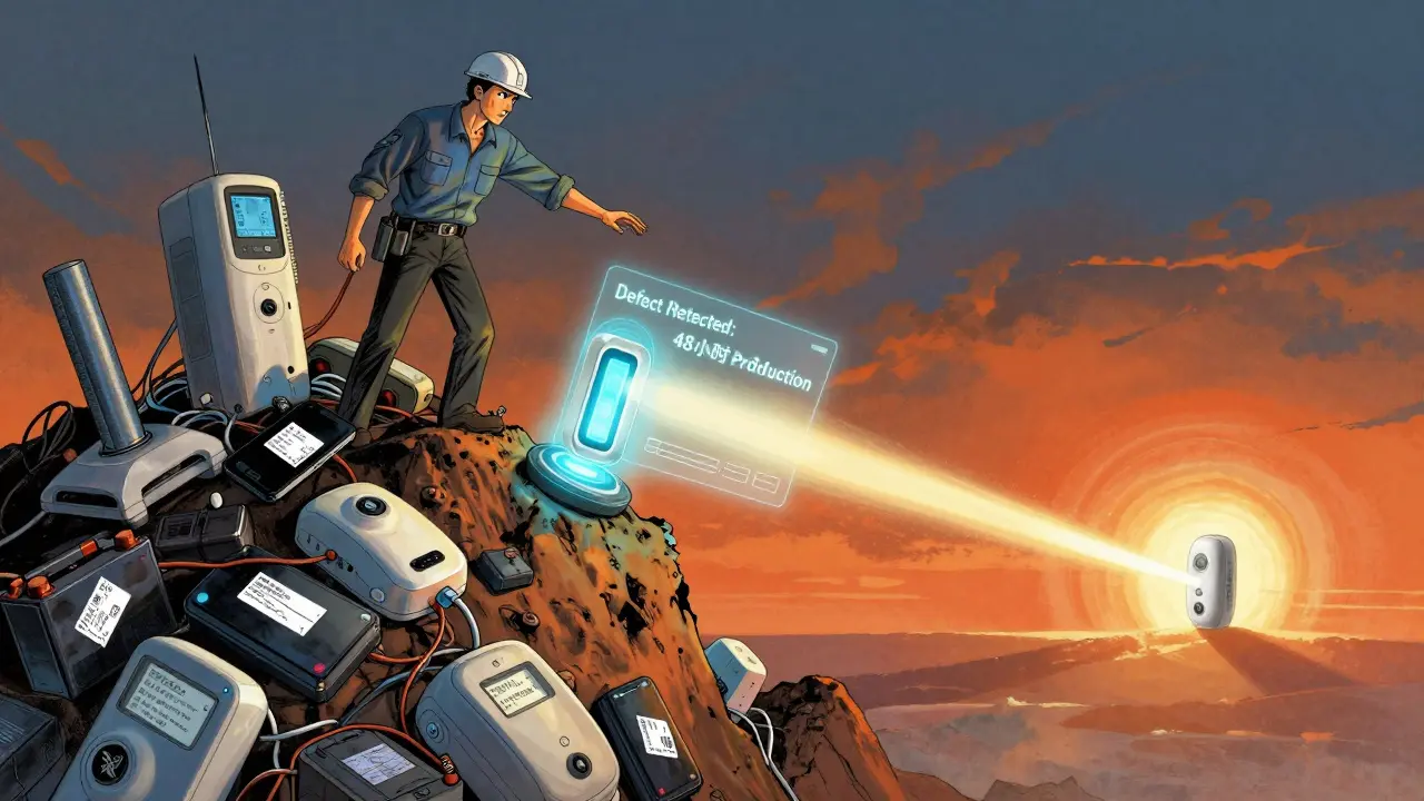 An engineer standing on a pile of failed products, reaching toward a floating AI sensor predicting defects.