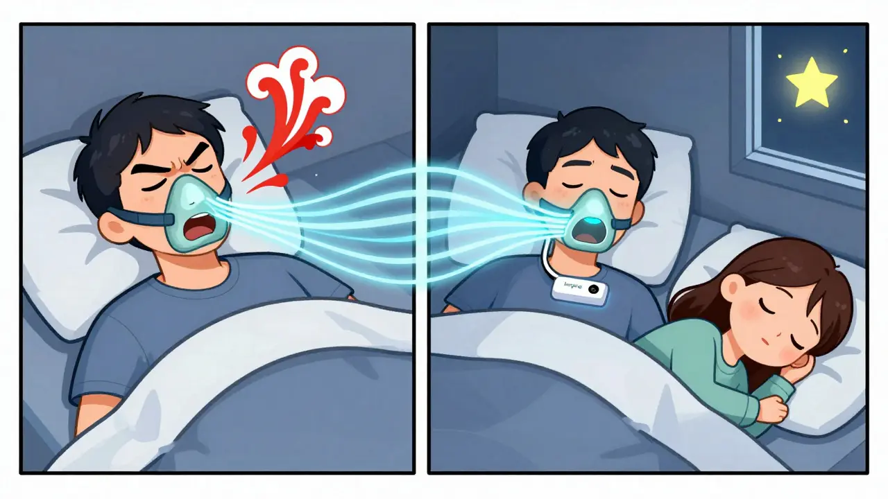 Before-and-after scene: left shows CPAP struggle, right shows peaceful sleep with upper airway stimulation.