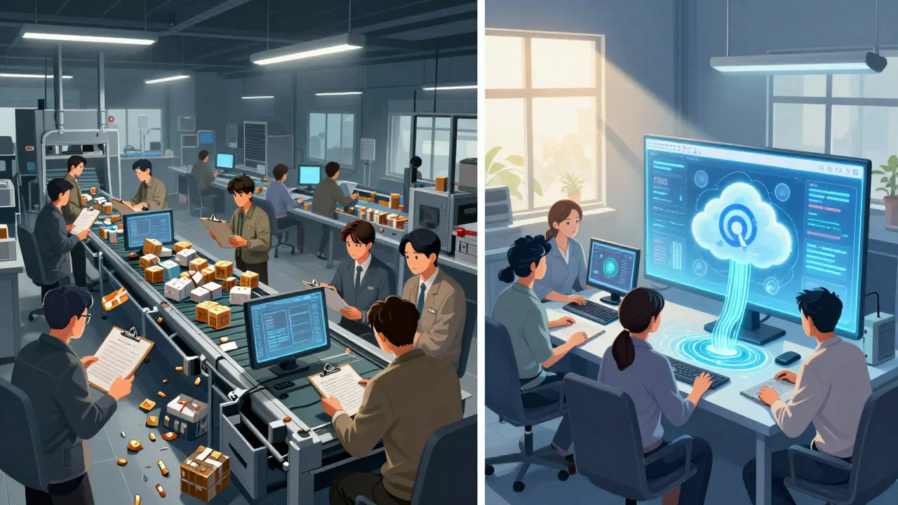 Contrasting factory scenes: chaotic manual inspection vs. calm team using a glowing AI quality dashboard.