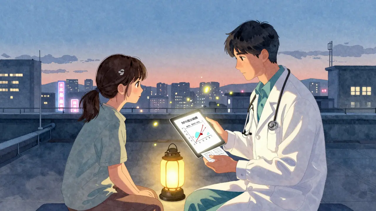 Doctor and patient on rooftop watching animated pills and bioequivalence data glow in twilight.