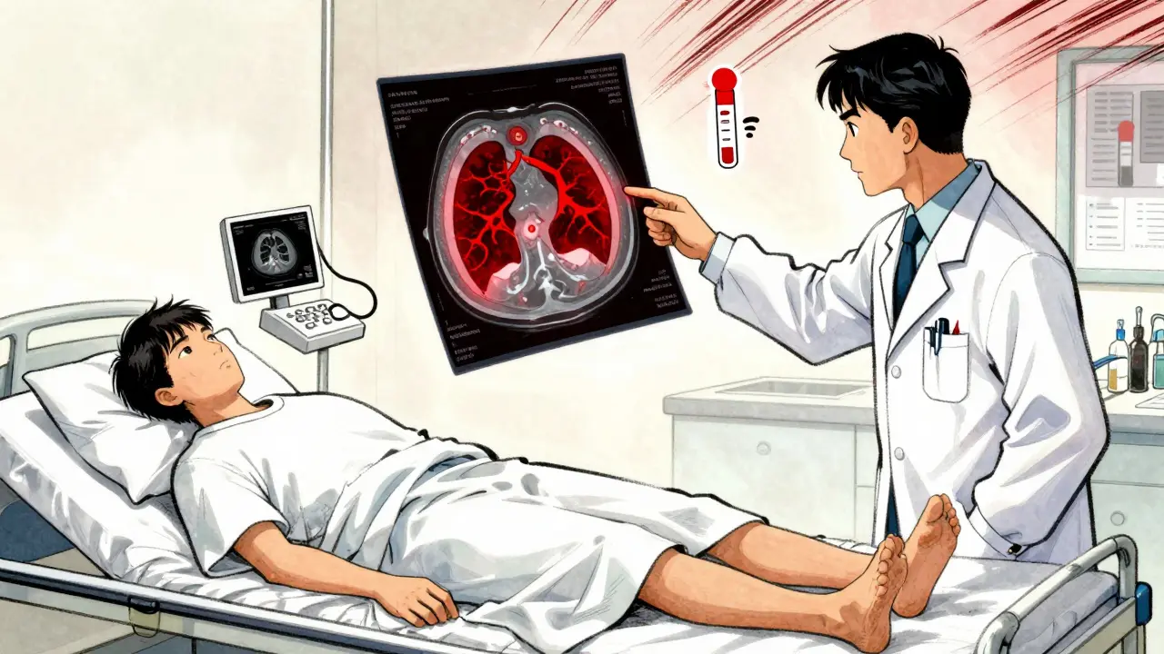 Doctor pointing at a CT scan showing blood clots in lung arteries, patient with swollen leg in emergency room.
