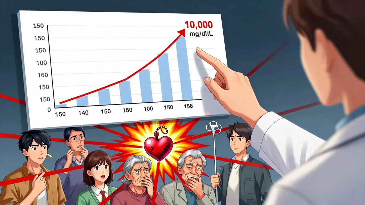 Doctor points at rising triglyceride chart while patients face hidden causes like thyroid meds and IV sedation.