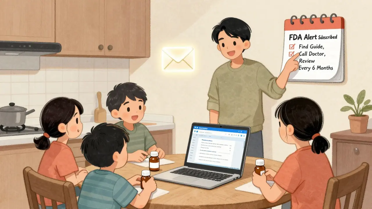 Family reviewing FDA safety info at home, with a subscribed email notification and checklist on the wall.