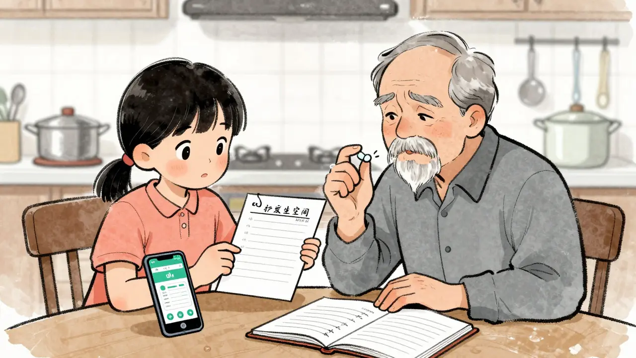Family reviewing prescription label and doctor’s note together at kitchen table.