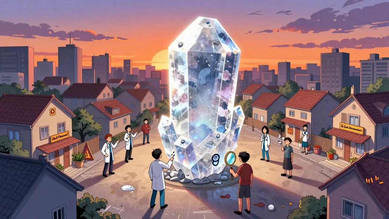 Giant potassium crystal looming over city, doctors warning confused citizens.