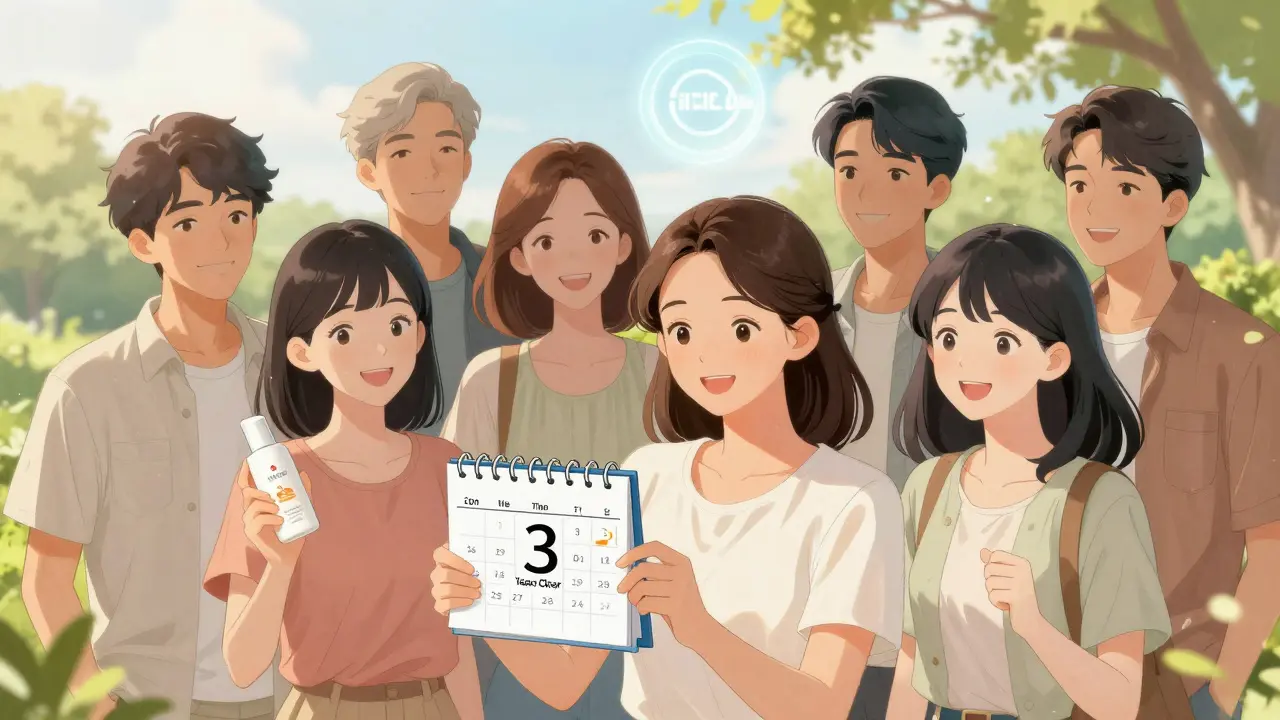 Group of people smiling in park, skin clear, holding sunscreen and calendar marked '3 Years Clear'.