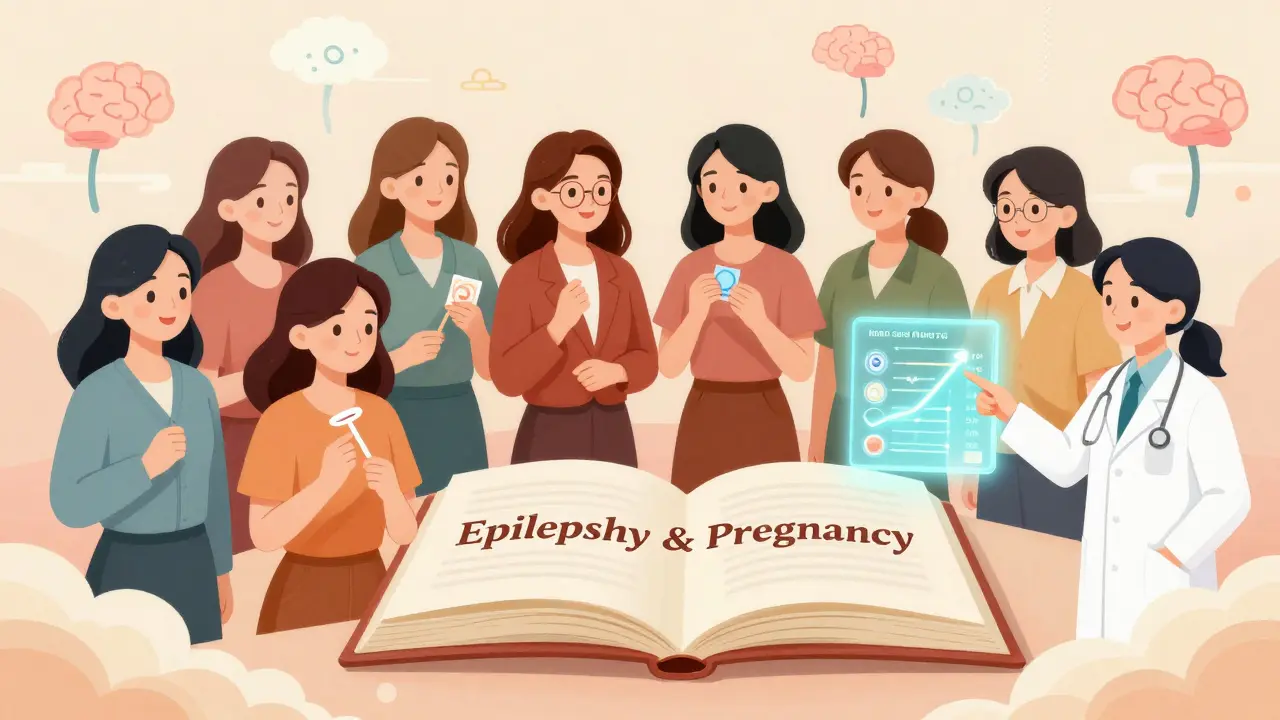 Group of women learning about epilepsy and pregnancy with doctor and folic acid tablets.