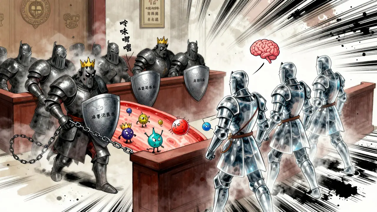 Histamine demons vs. antihistamine knights inside a human body, with first-gen and second-gen warriors in contrasting armor.