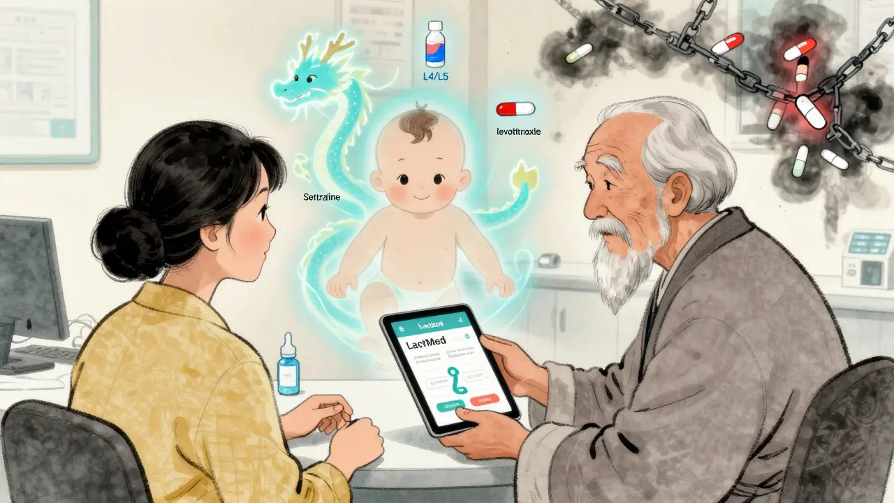 Mother consulting a herbalist with LactMed app, safe medications as glowing dragons, dangerous drugs fading into shadow.