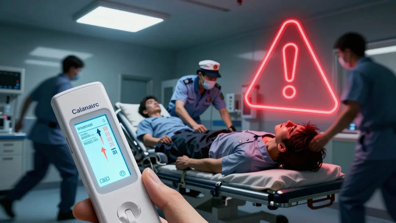 Paramedic rushing patient into ER after head injury, glowing coagulation test in foreground