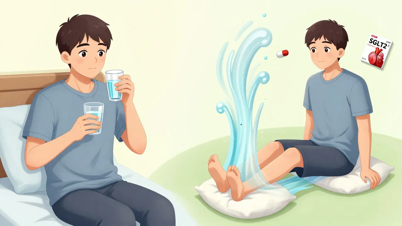 Patient elevating legs and walking to reduce fluid retention from diabetes drug