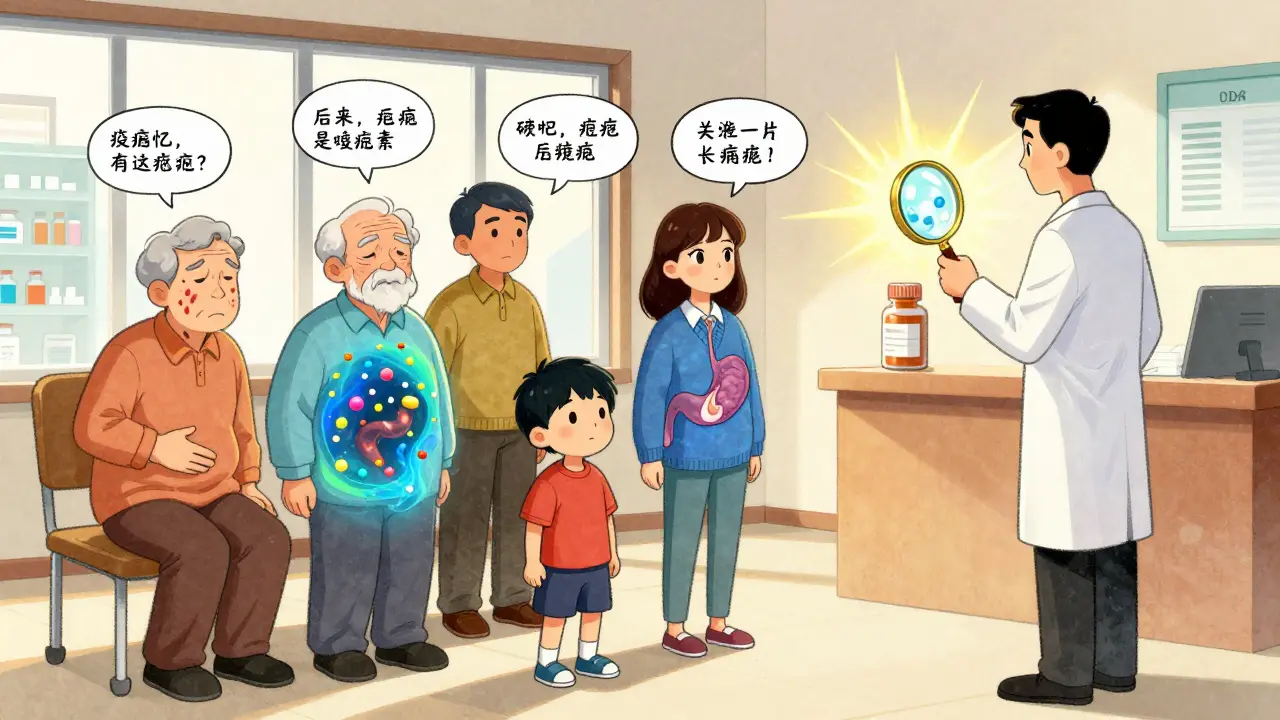 Patients with internal reactions to excipients, shown in thought bubbles, while a pharmacist examines a pill with a magnifying glass.