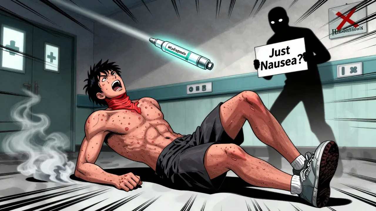 Person collapsing with hives and swollen throat as an EpiPen flies toward them in a hospital hallway.