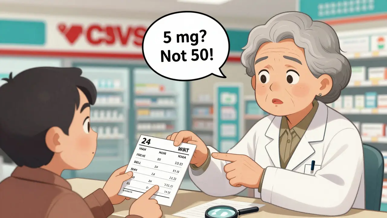 Pharmacist showing elderly woman a large-print prescription label with clear medication details.