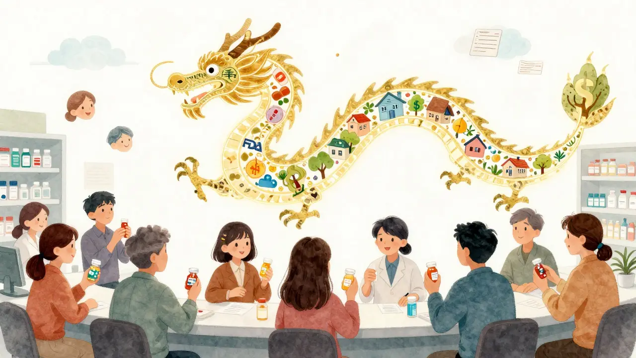 Pharmacy scene with patients connected by golden dragon made of medical symbols.