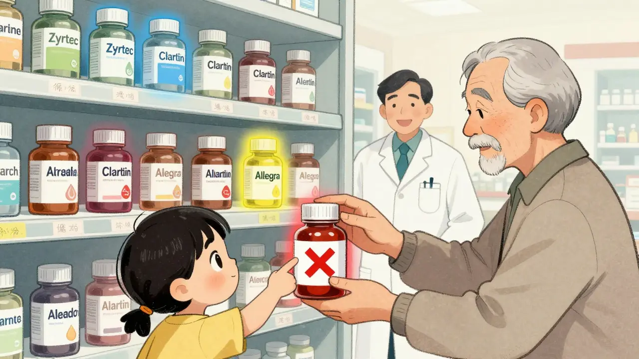 Pharmacy shelf with glowing antihistamine bottles, a child pointing at Benadryl with an X, and a senior choosing Allegra.