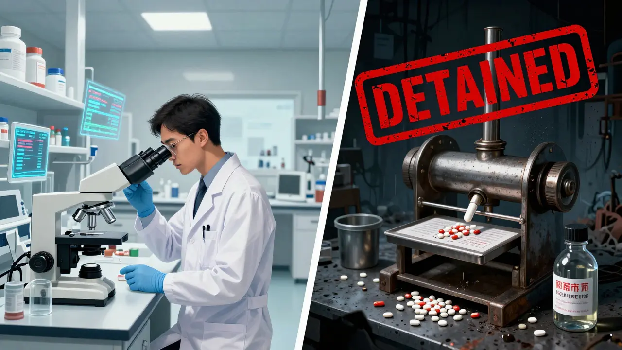 Scientists test pills in a lab while counterfeit pills are made in a shadowy factory, contrasted by a detention stamp.