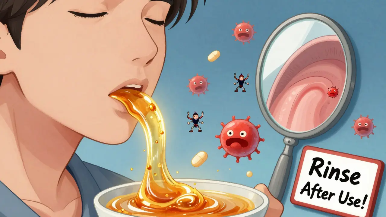 Someone swallowing a glowing steroid slurry with golden particles healing their esophagus.