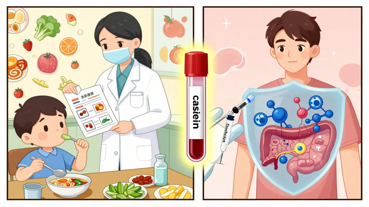 Split scene: child on elimination diet and adult receiving injection, with a blood test revealing 'casein' as trigger.