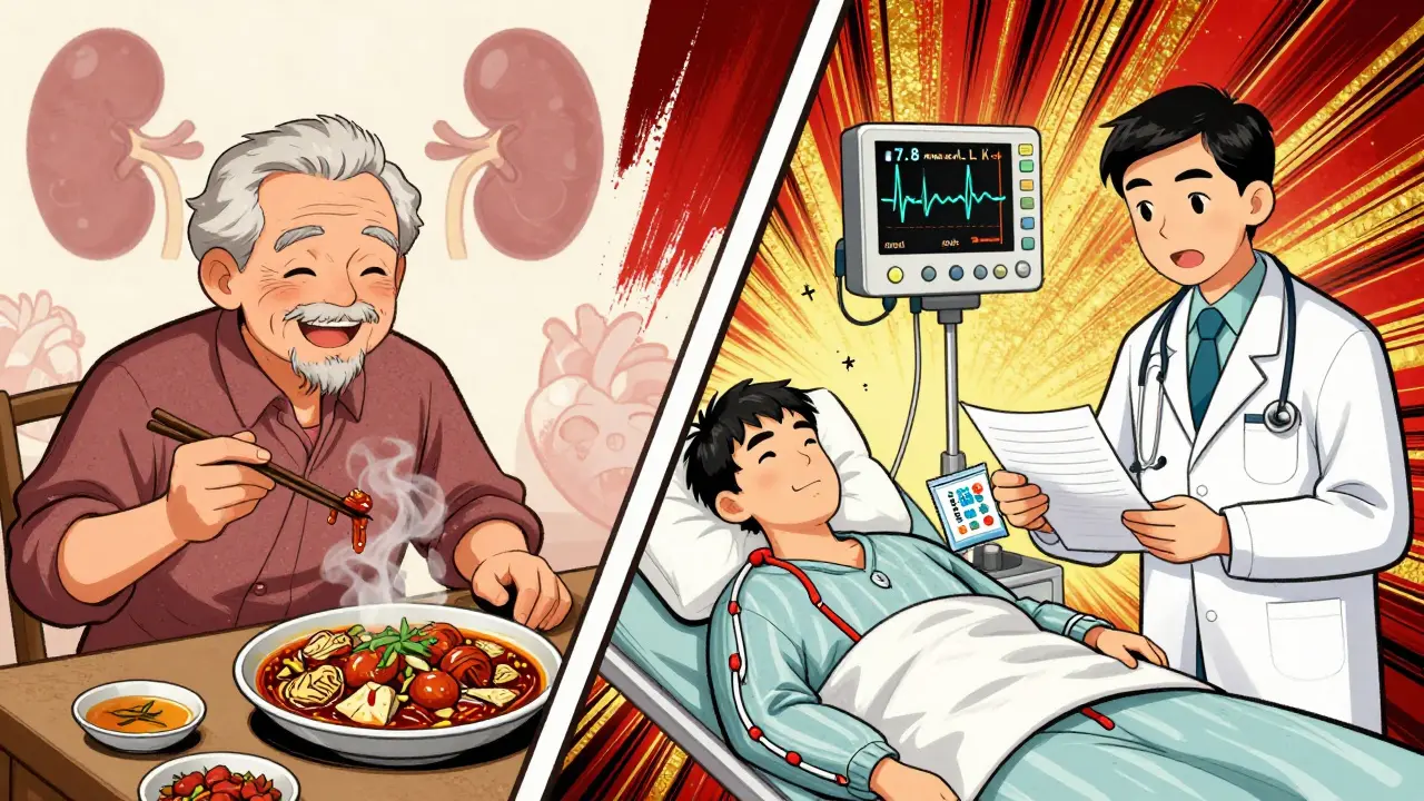 Split scene: healthy cooking vs. hospital ECG spike from high potassium.