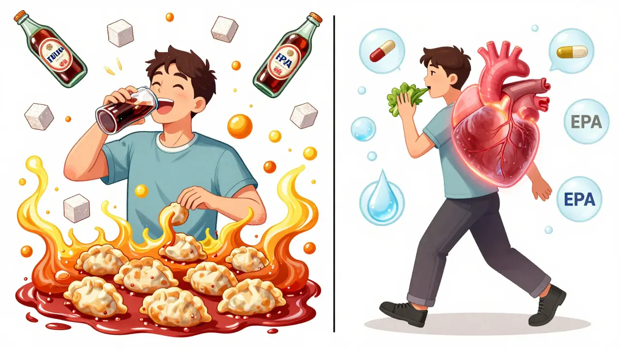 Split scene: man eating junk food vs. eating healthy, with triglycerides shrinking and organs healing.