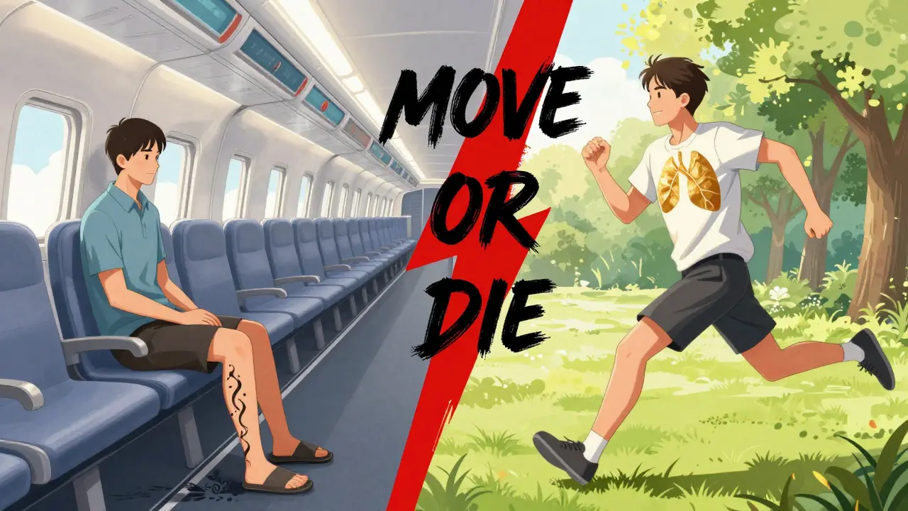 Split scene: person sitting on plane with forming clots vs. same person running healthy, symbolizing prevention.