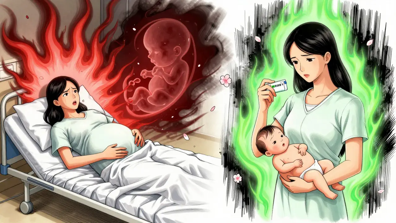 Split scene: seizure danger vs. safe medication with protective aura around baby.