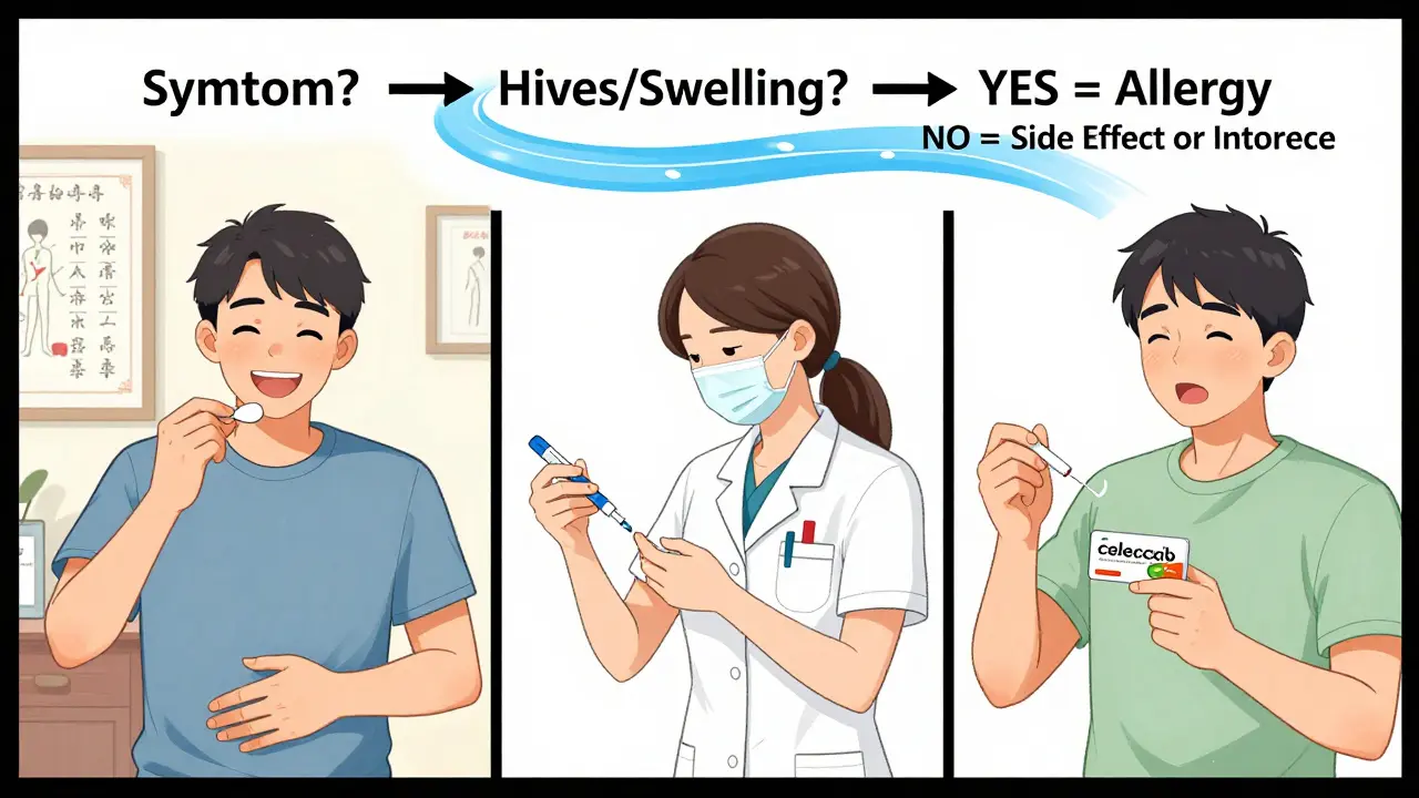 Three people managing drug reactions: one taking medication with food, one getting a skin test, one using a safe alternative.
