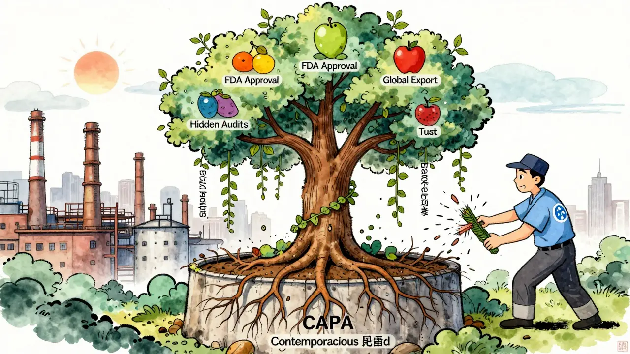 Transparency Tree growing from factory with labeled roots and fruit, hidden audits being cut away.