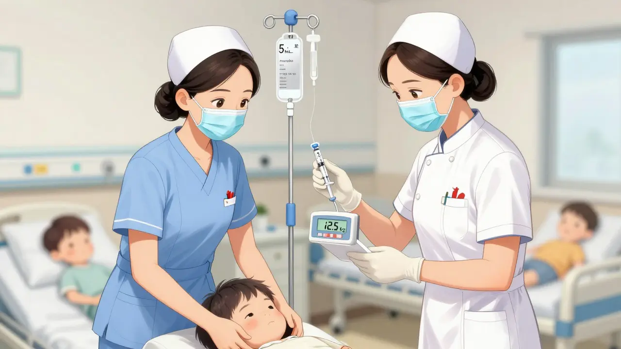 Two nurses carefully verifying a child's medication dose using a digital scale and syringe in a hospital setting.