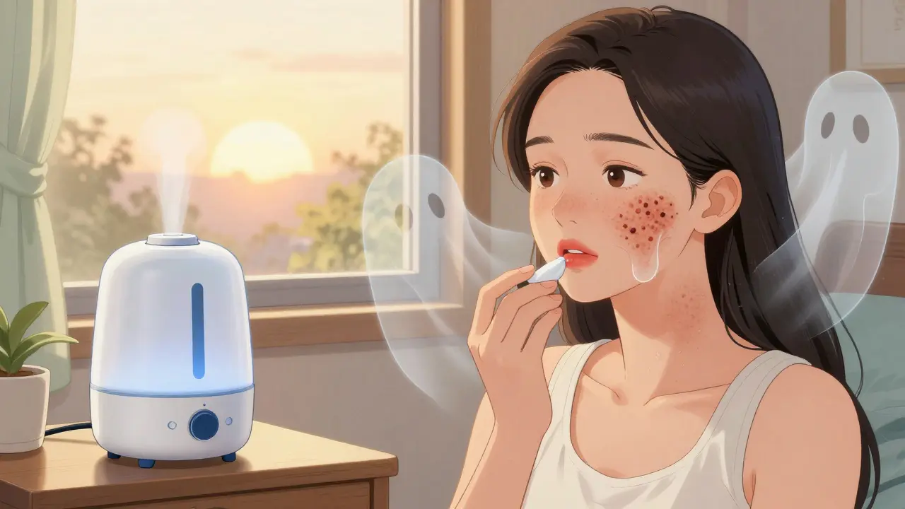 Woman applying lip balm with acne fading away, sunrise through window.