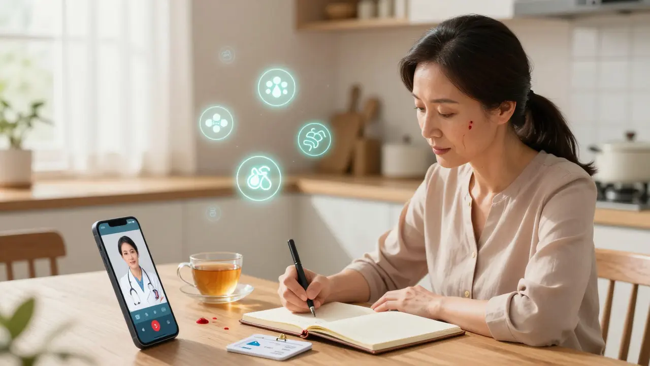 Woman logging bleeding episodes at home during telehealth call with doctor