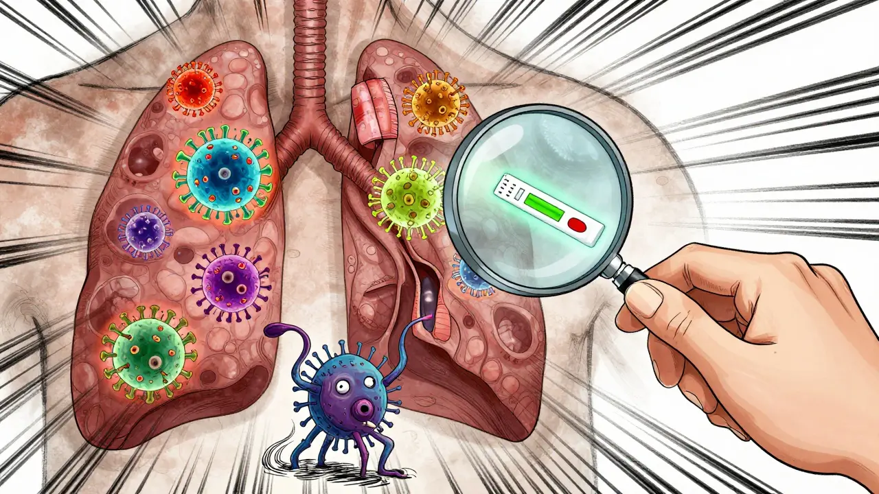 A battle inside human airways between viruses and bacteria, with a rapid test strip glowing in the foreground.
