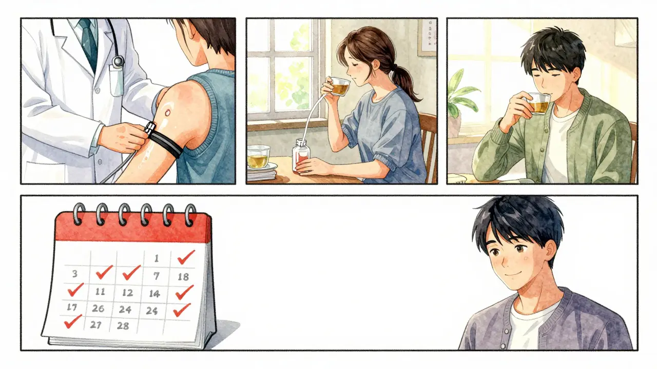 A cancer patient managing pleural effusion at home with an indwelling catheter, enjoying improved daily life.