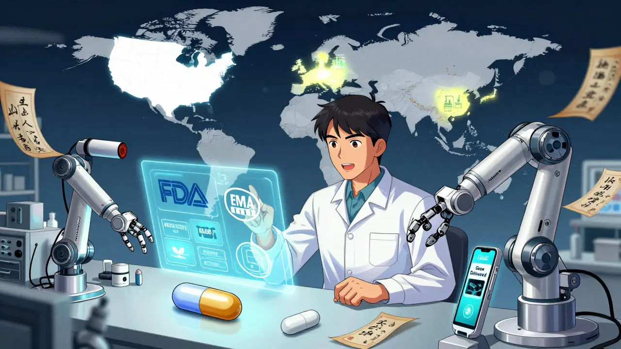 A Chinese engineer working with smart devices and digital interfaces, showing U.S., EU, and India market regions on a map.