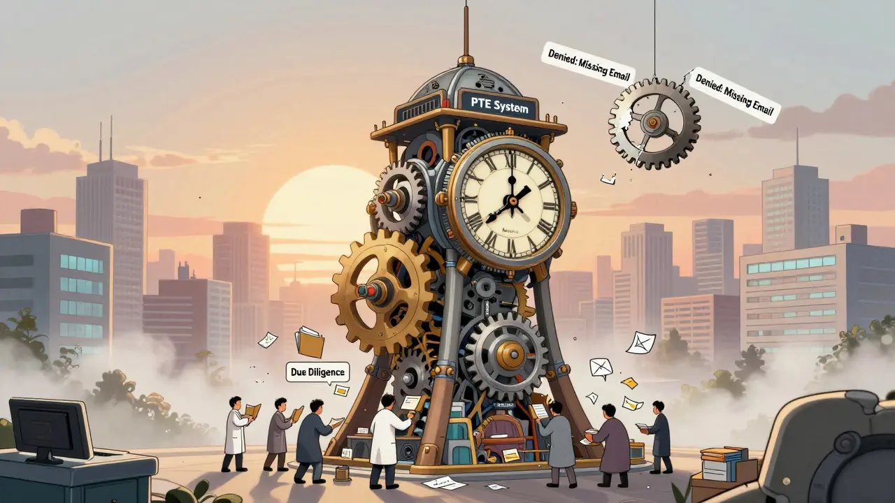 A massive PTE clocktower with gears labeled due diligence and biologics, tiny workers feeding it documents, one gear broken and labeled 'Denied'.