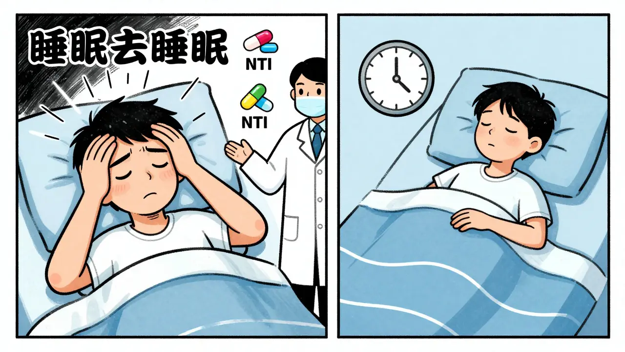 A patient sleeping peacefully after switching to an authorized generic, contrasting with restless side effects from a regular generic.