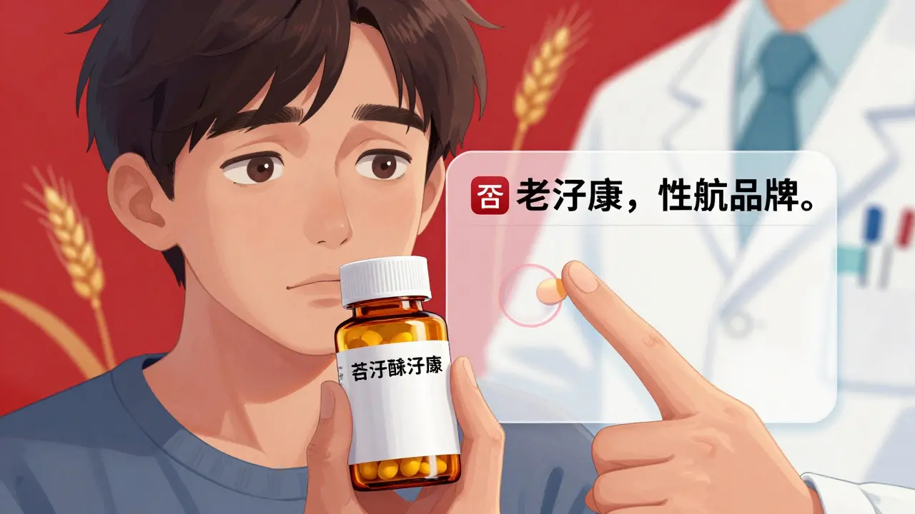 A patient with celiac disease relieved to see their authorized generic pill has no gluten, compared to a regular generic.