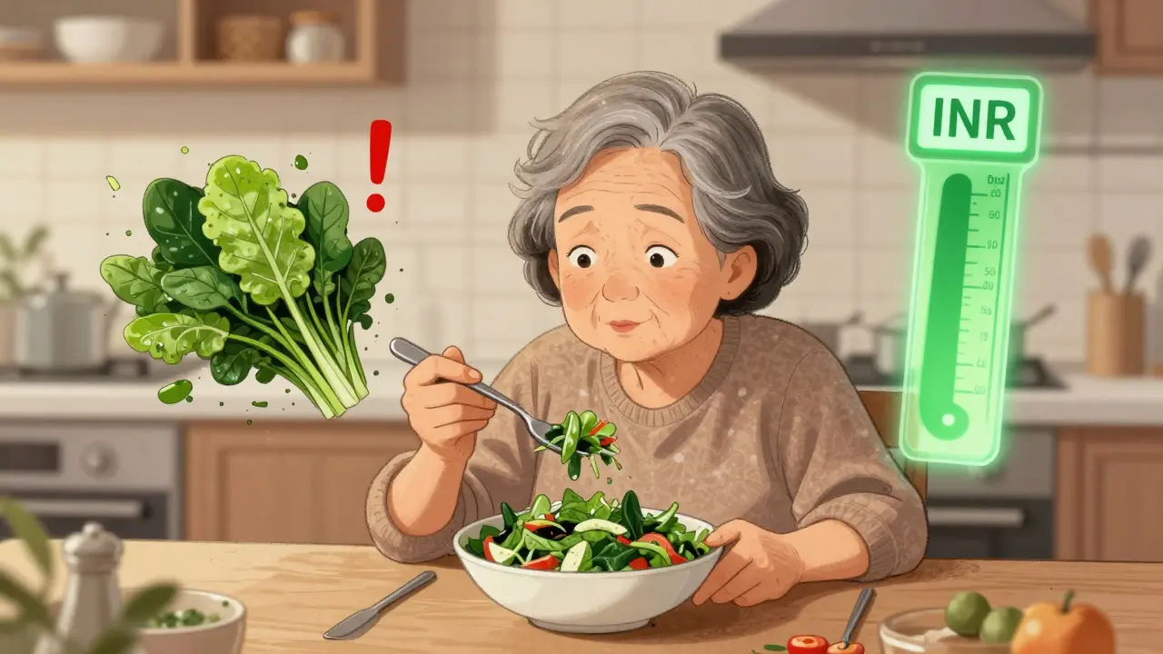 An elderly woman eating a steady portion of spinach, with a balanced INR meter glowing beside her.