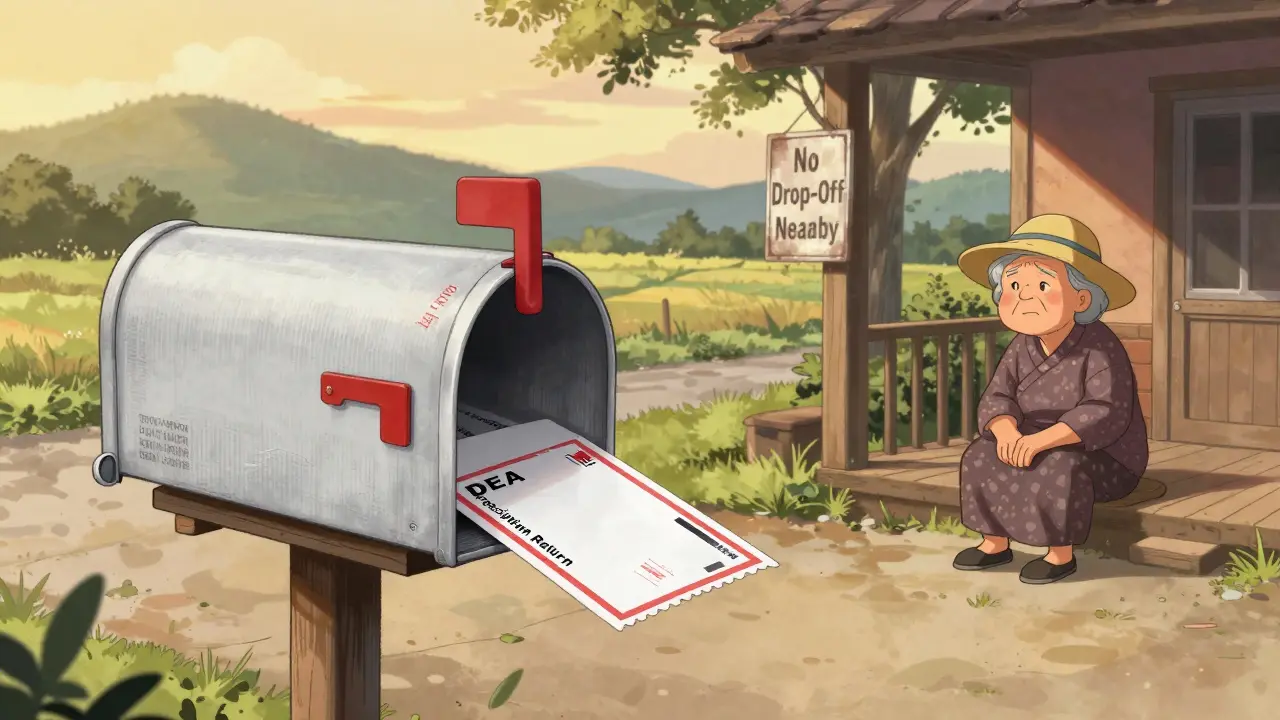 An elderly woman mails back prescription drugs using a prepaid envelope in the countryside.