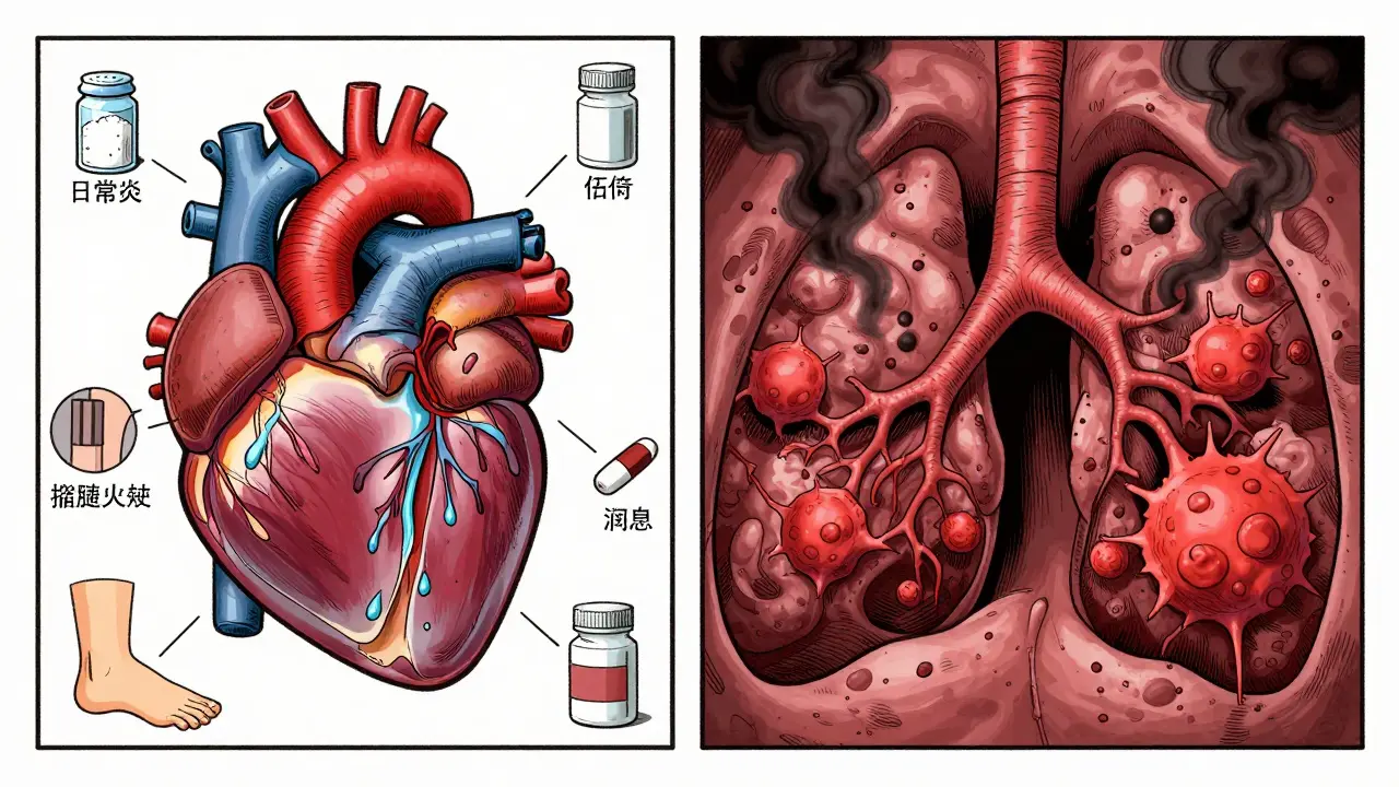 Contrasting causes of pleural effusion: heart failure leaking fluid and cancer spreading in lung tissue.