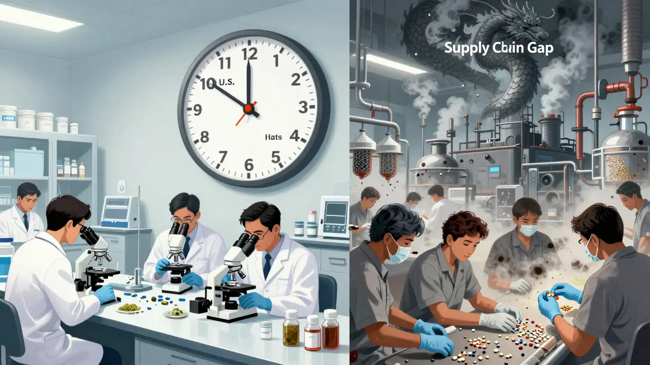 Contrasting clean U.S. lab with dirty Indian drug factory, showing inspection vs. contamination
