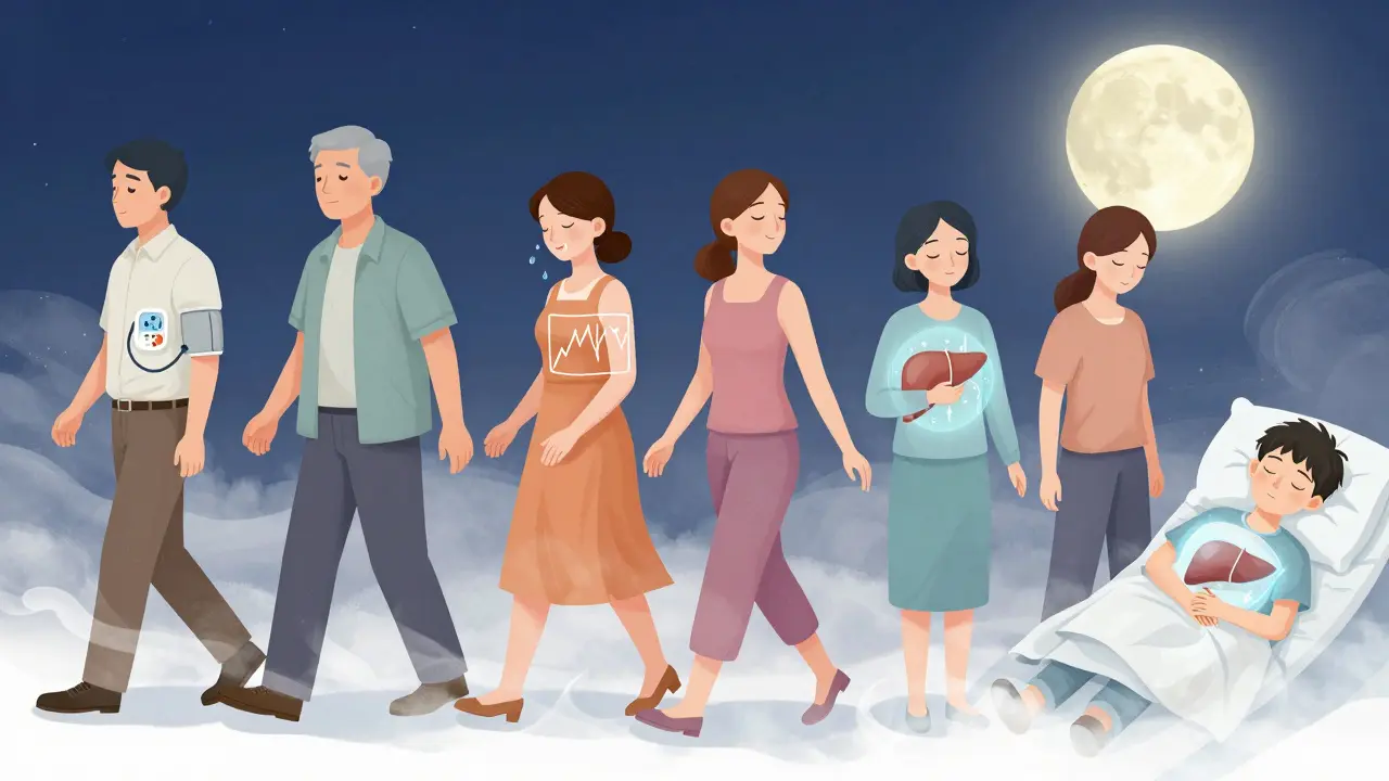 Diverse people walking, meditating, and sleeping under moonlight, their bodies harmonizing with medication.