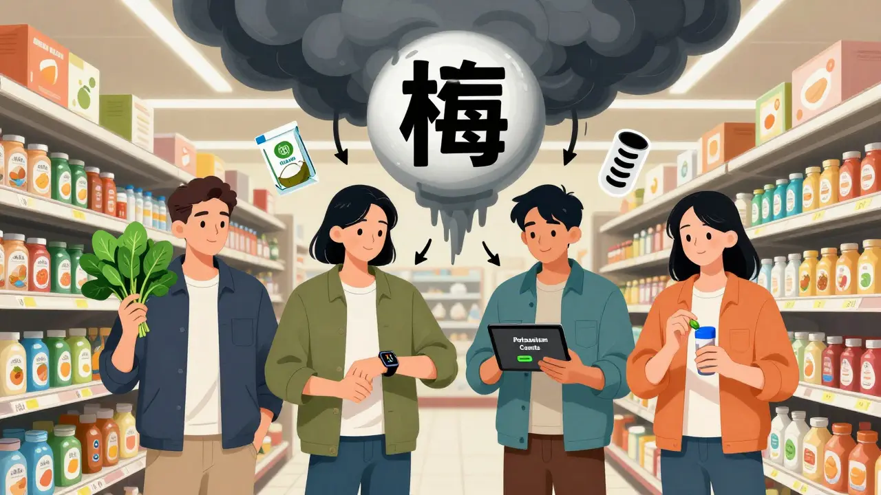 Four people in a grocery store holding potassium-rich foods under a looming potassium ion cloud.