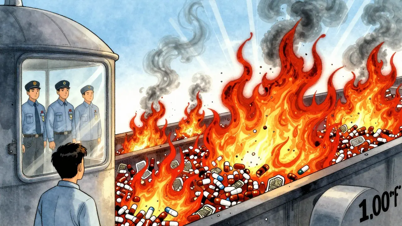 Medications are safely incinerated at high temperatures in a regulated facility.