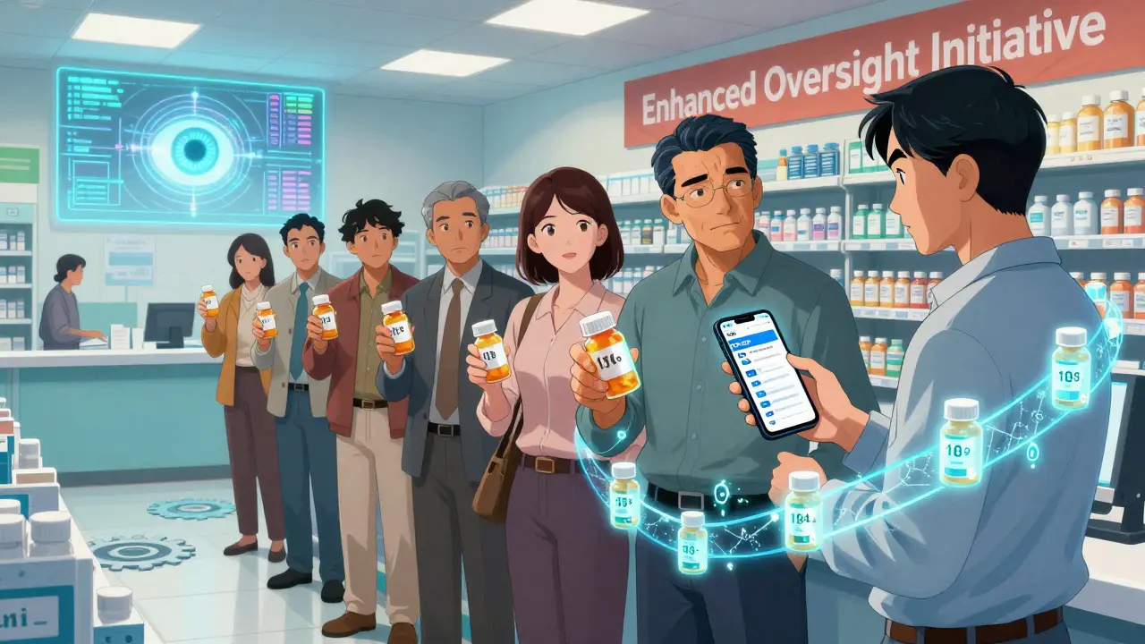 Patients at pharmacy with glowing pill lot numbers traced by blockchain and AI monitoring