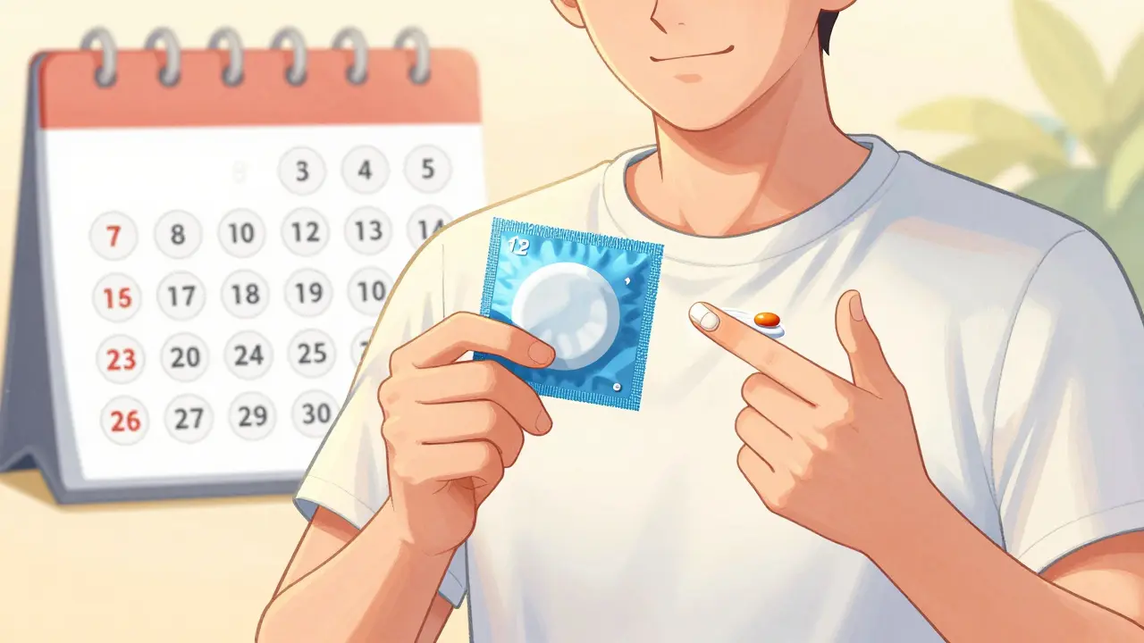 Person using condoms with birth control pills and calendar marked with 28 filled circles.